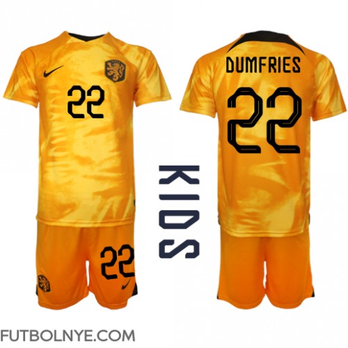 Camiseta Países Bajos Denzel Dumfries #22 Primera Equipación para niños Mundial 2022 manga corta (+ pantalones cortos)